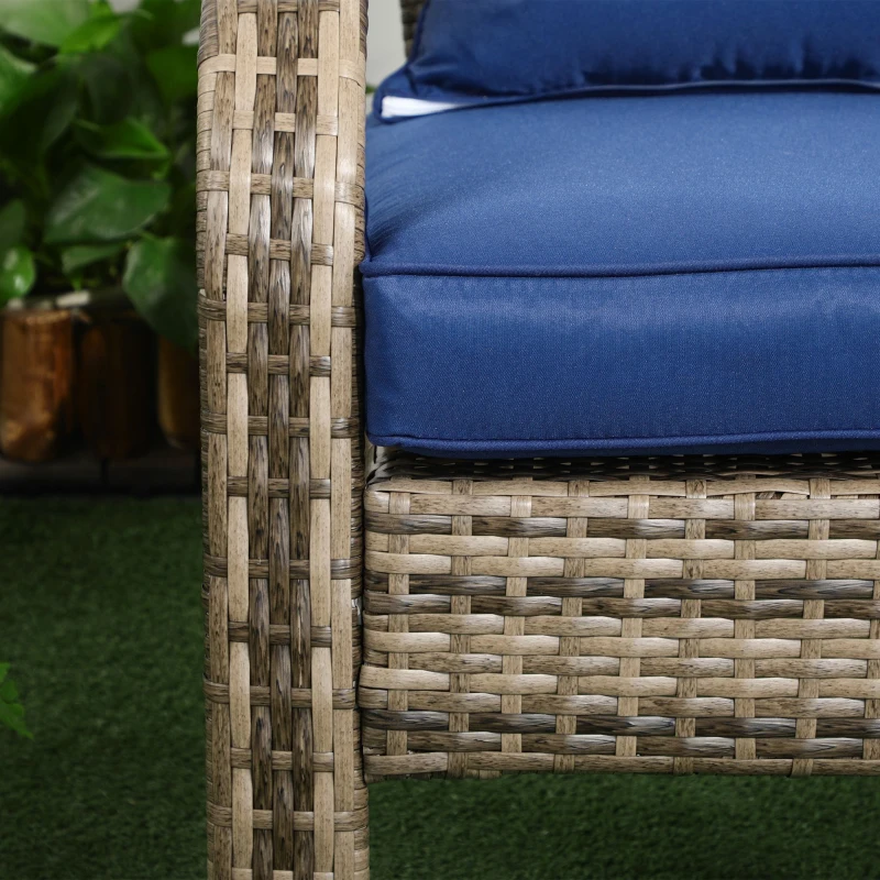 Outsunny Patio Wicker Adirondack Chair, Outdoor All-Weather Rattan Fire Pit Chair w/ Soft Cushions, Tall Curved Backrest and Comfortable Armrests for Deck or Garden, Mixed Tan/Dark Blue