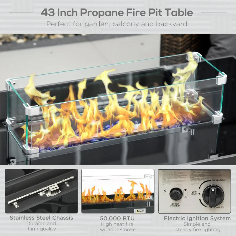 Outsunny Propane Fire Pit Table 43" Outdoor Fire Table, 50,000 BTU Pulse-Ignition Wicker Firepit Furniture with Glass Wind Guard, Blue Glass Rock, CSA Certification, Grey