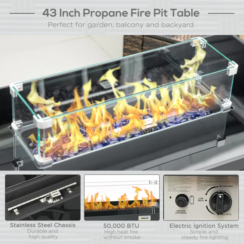 Outsunny Propane Fire Pit Table 43" Outdoor Fire Table, 50,000 BTU Pulse-Ignition Wicker Firepit Furniture with Glass Wind Guard, Blue Glass Rock, CSA Certification, Coffee