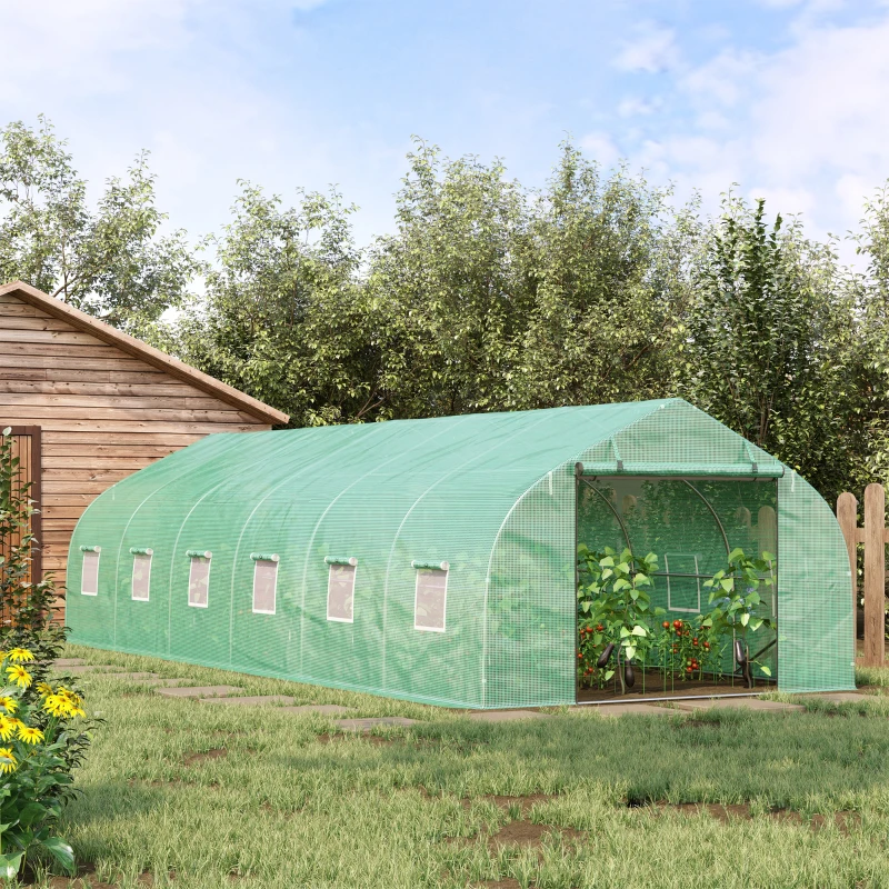 Outsunny 26' x 10' x 7' Walk-In Greenhouse Tunnel, Large Gardening Hot House with 12 Windows, 2 Net Protected Zipper Screen Doors for Backyard, Green