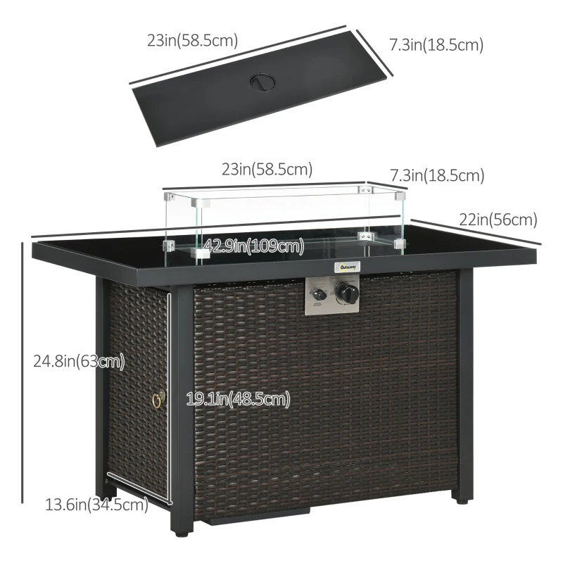 Outsunny Propane Fire Pit Table 43" Outdoor Fire Table, 50,000 BTU Pulse-Ignition Wicker Firepit Furniture with Glass Wind Guard, Blue Glass Rock, CSA Certification, Coffee