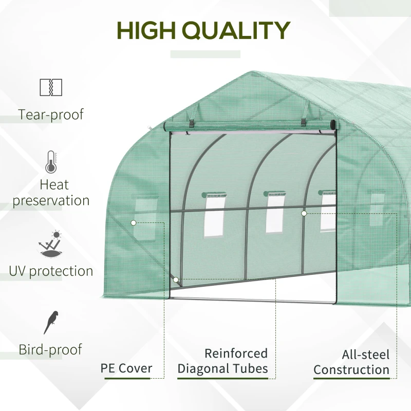Outsunny 26' x 10' x 7' Walk-In Greenhouse Tunnel, Large Gardening Hot House with 12 Windows, 2 Net Protected Zipper Screen Doors for Backyard, Green