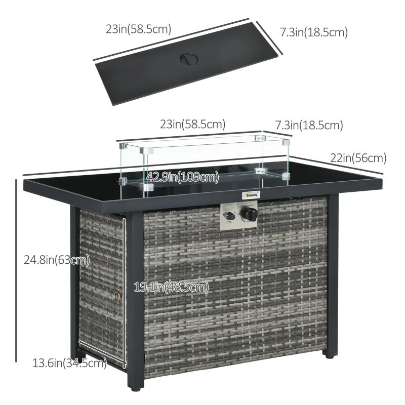 Outsunny Propane Fire Pit Table 43" Outdoor Fire Table, 50,000 BTU Pulse-Ignition Wicker Firepit Furniture with Glass Wind Guard, Blue Glass Rock, CSA Certification, Grey