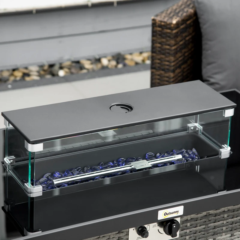 Outsunny Propane Fire Pit Table 43" Outdoor Fire Table, 50,000 BTU Pulse-Ignition Wicker Firepit Furniture with Glass Wind Guard, Blue Glass Rock, CSA Certification, Grey