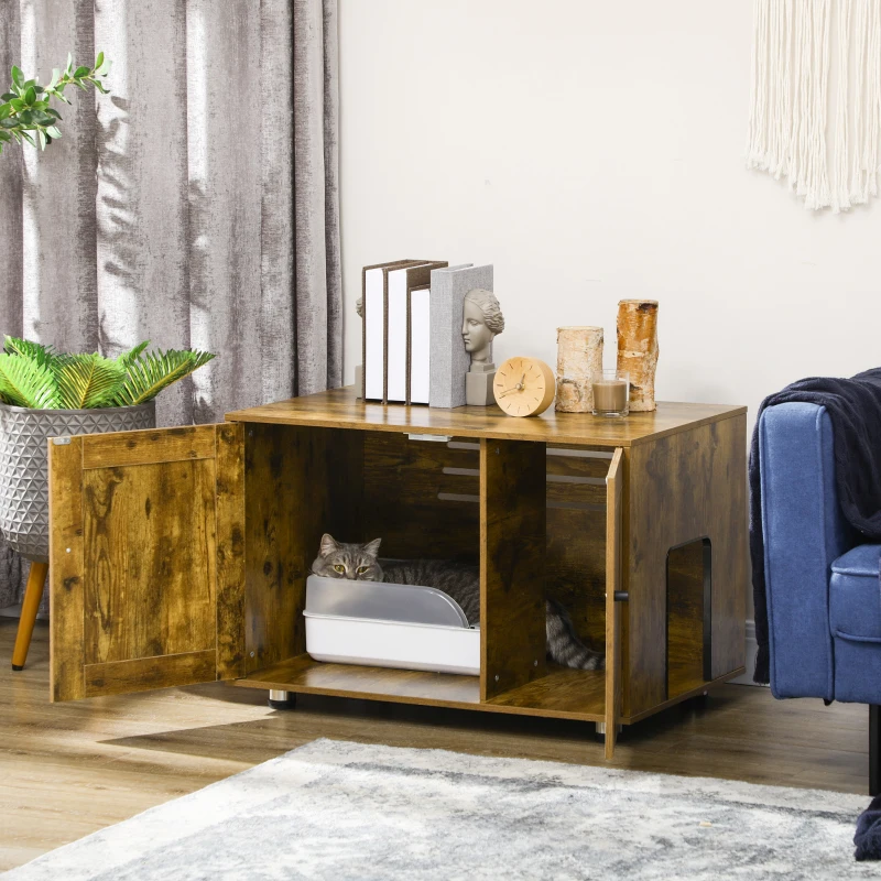 PawHut Hidden Cat Litter Box Enclosure, Cat Washroom Storage Bench Side End Table with Double Doors, Adjustable Feet, Rustic Brown