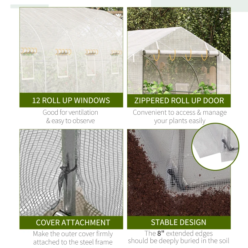 Outsunny 26' x 10' x 7' Walk-In Greenhouse Tunnel, Large Gardening Hot House with 12 Windows, 2 Net Protected Zipper Screen Doors for Backyard, White