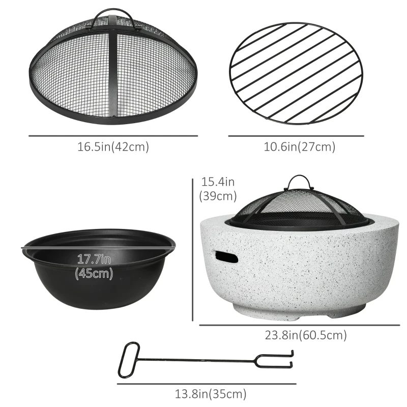 Outsunny 24" Outdoor Fire Pit with Stone Effect, Wood-burning Firepit Fireplace with Spark Screen and Poker for Backyard Camping Bonfire, Gray