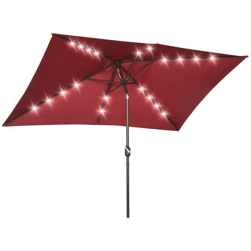Outsunny 6.5x10ft Patio Umbrella Rectangle Solar Powered Tilt Aluminum Outdoor Market Parasol with LEDs Crank (Wine Red)