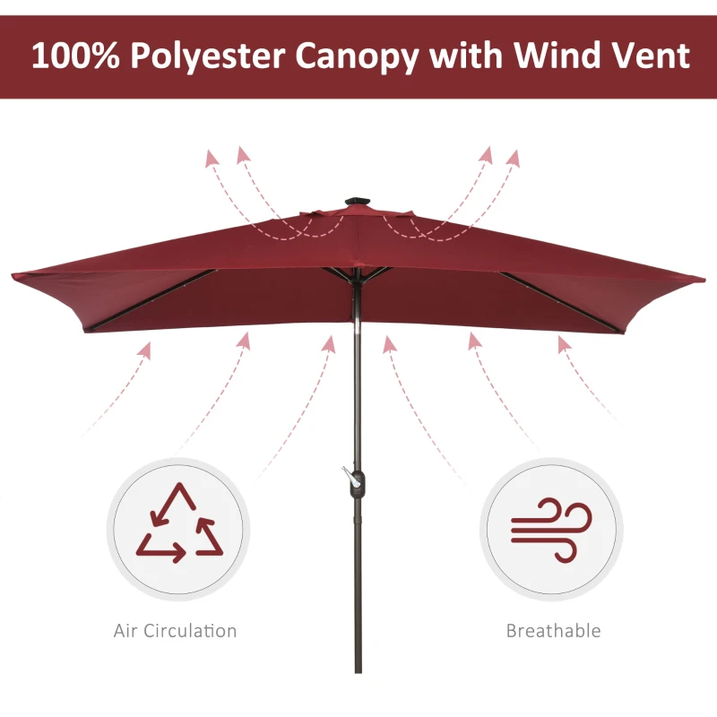 Outsunny 6.5x10ft Patio Umbrella Rectangle Solar Powered Tilt Aluminum Outdoor Market Parasol with LEDs Crank (Wine Red)