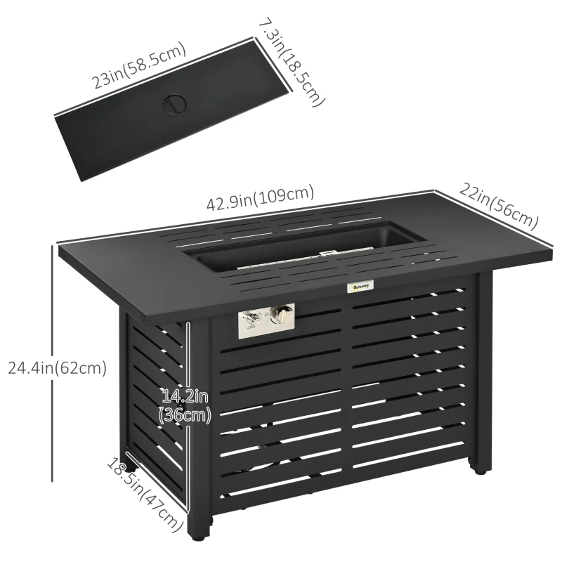 Outsunny Propane Gas Fire Pit Table, Outdoor Firepit with 43" Steel Tabletop and Lid, 50,000 BTU Pulse Ignition Fire Table w/ Stainless Steel Burner, Glass Wind Guard, and Cover