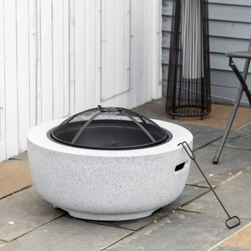 Outsunny 24" Outdoor Fire Pit with Stone Effect, Wood-burning Firepit Fireplace with Spark Screen and Poker for Backyard Camping Bonfire, Gray