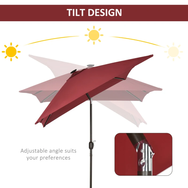 Outsunny 6.5x10ft Patio Umbrella Rectangle Solar Powered Tilt Aluminum Outdoor Market Parasol with LEDs Crank (Wine Red)