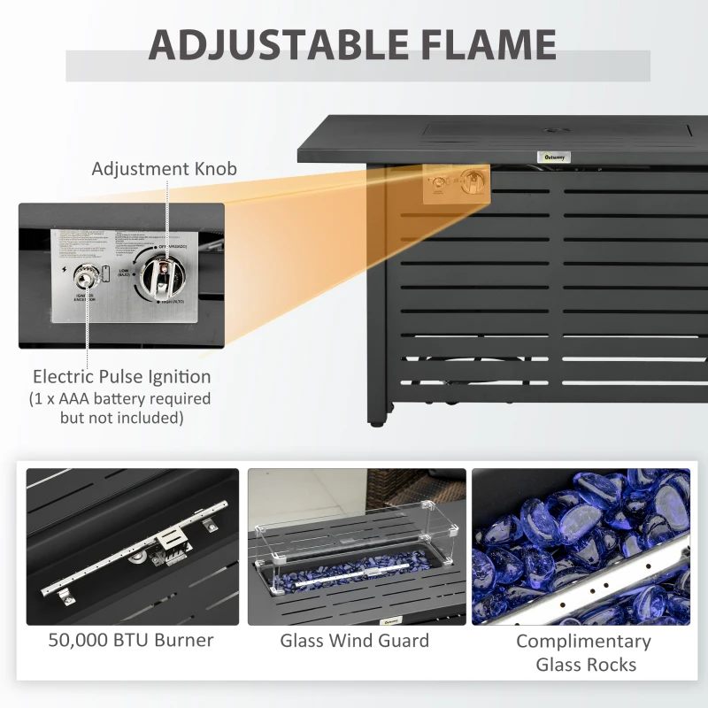 Outsunny Propane Gas Fire Pit Table, Outdoor Firepit with 43" Steel Tabletop and Lid, 50,000 BTU Pulse Ignition Fire Table w/ Stainless Steel Burner, Glass Wind Guard, and Cover