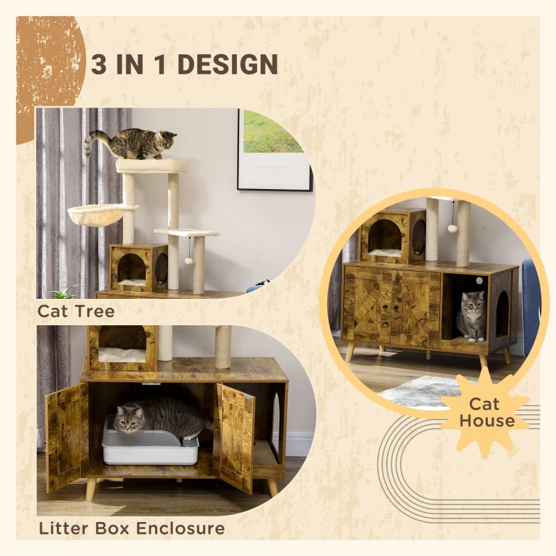 PawHut Litter Box Enclosure with Cat Tree Tower, Hidden Cat Washroom Furniture with Condo, Scratching Posts, Large Platform, Hammock and Soft Cushion, Rustic Brown