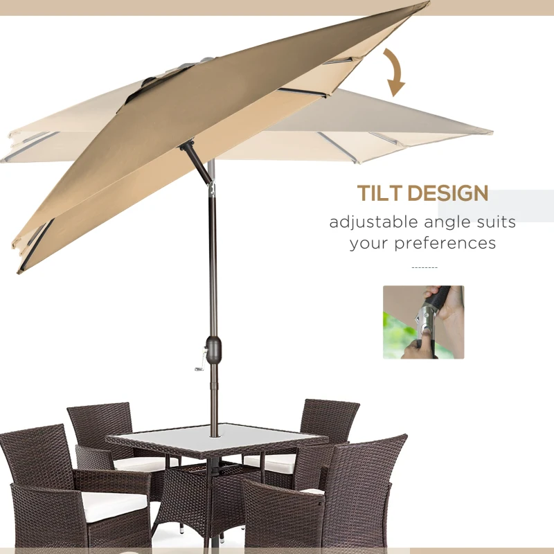 Outsunny 6.5x10ft Patio Umbrella, Rectangle Market Umbrella with Aluminum Frame and Crank Handle, Garden Parasol Outdoor Sunshade Canopy, Tan