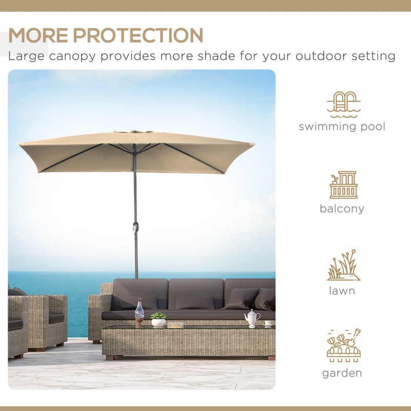 Outsunny 6.5x10ft Patio Umbrella, Rectangle Market Umbrella with Aluminum Frame and Crank Handle, Garden Parasol Outdoor Sunshade Canopy, Tan
