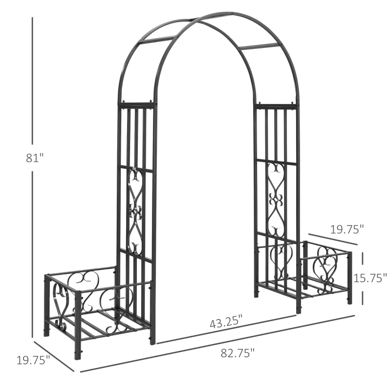 Outsunny 6.7' Steel Garden Arch Arbor with Scrollwork Hearts, Planter Boxes for Climbing Vines, Ceremony, Weddings, Party, Backyard, Lawn, Dark Gray