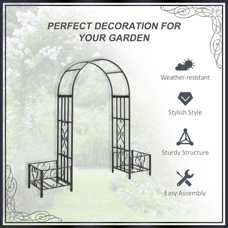 Outsunny 6.7' Steel Garden Arch Arbor with Scrollwork Hearts, Planter Boxes for Climbing Vines, Ceremony, Weddings, Party, Backyard, Lawn, Dark Gray