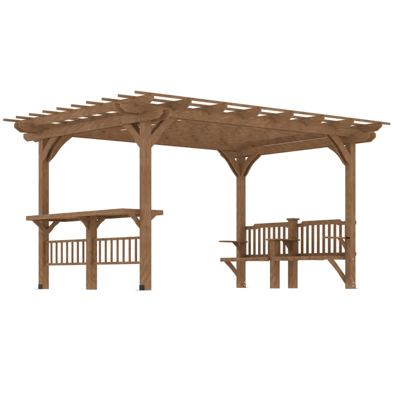 Outsunny 14' x 10' Outdoor Pergola, Wooden Gazebo Grill Canopy with Bar Counters and Seating Benches, for Garden, Patio, Backyard, Deck