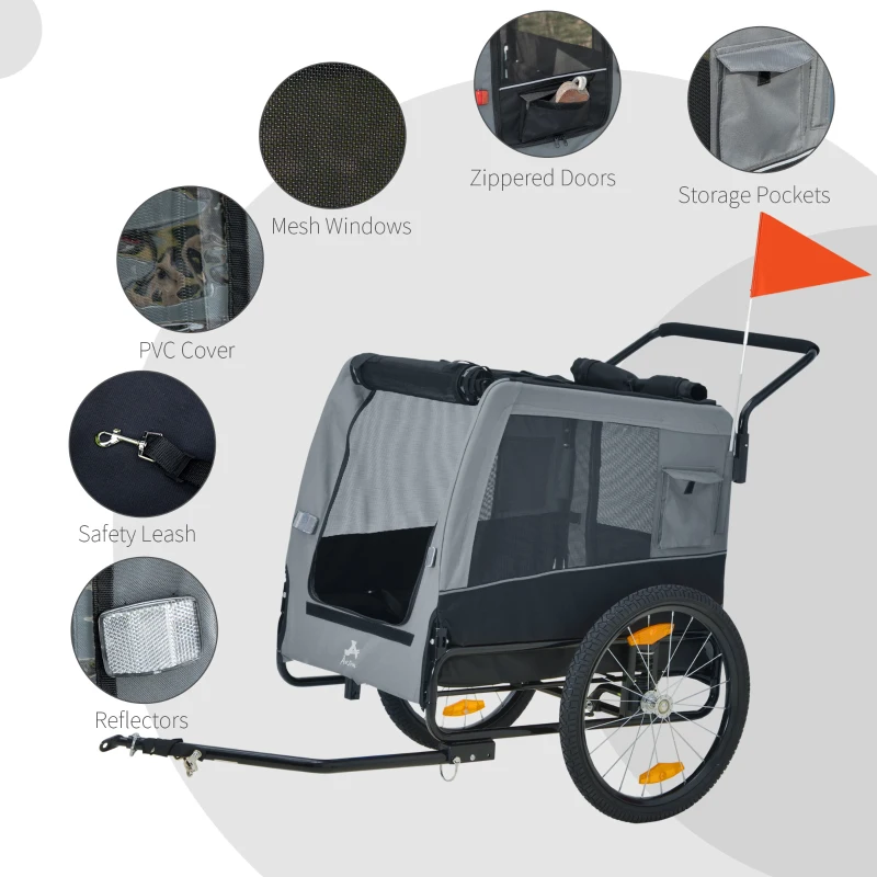 Aosom 2-in-1 Dog Bike Trailer Pet Stroller for Medium Dogs with Suspension, Hitch, Storage, Bicycle Cart Wagon Cargo Carrier Attachment for Travel, Grey