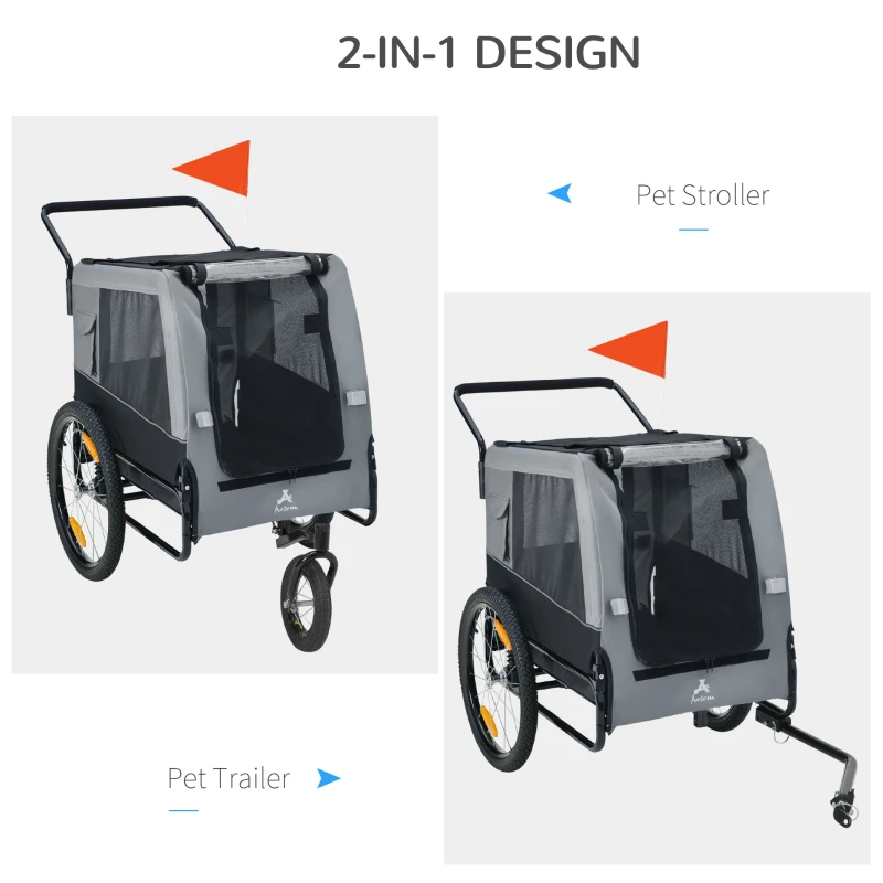 Aosom 2-in-1 Dog Bike Trailer Pet Stroller for Medium Dogs with Suspension, Hitch, Storage, Bicycle Cart Wagon Cargo Carrier Attachment for Travel, Grey