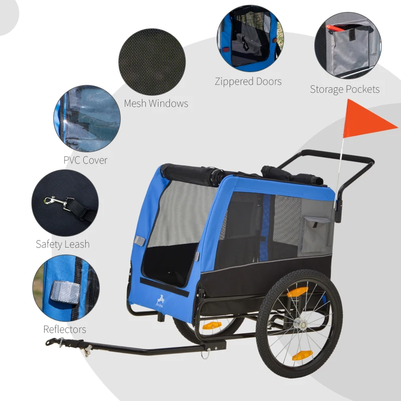 Aosom 2-in-1 Dog Bike Trailer Pet Stroller for Medium Dogs with Suspension, Hitch, Storage, Bicycle Cart Wagon Cargo Carrier Attachment for Travel, Blue