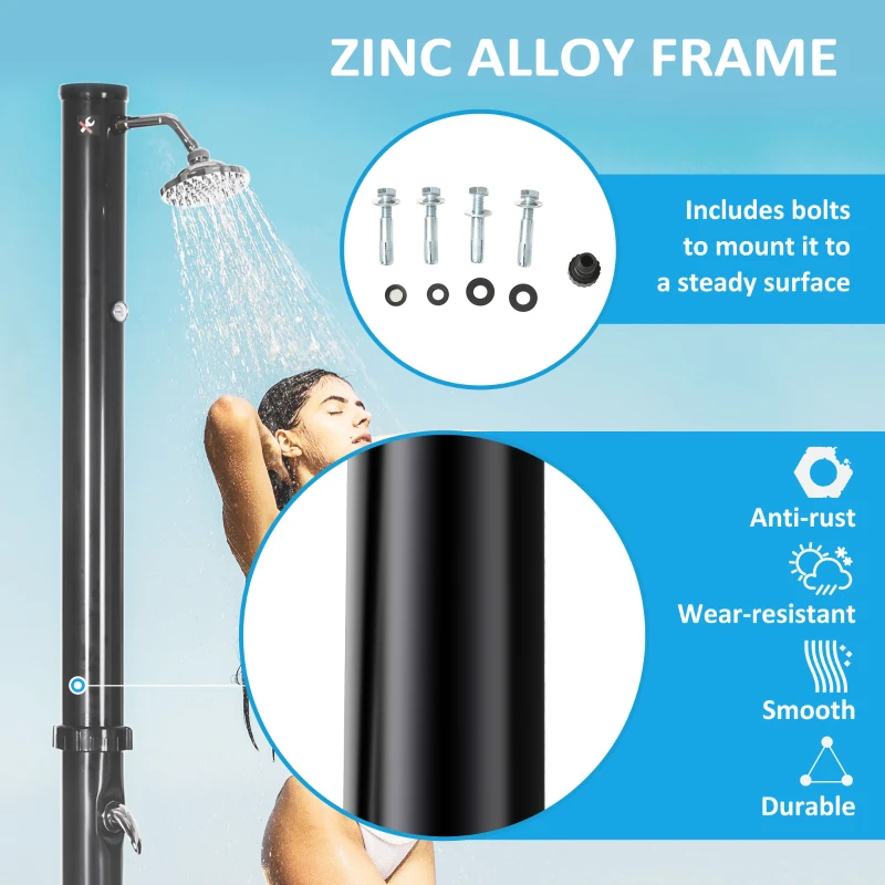 Outsunny 7.3FT 5.3 Gallon Solar Heated Shower, 2-Section Outdoor Shower with Shower Head, Foot Shower, Temperature Display for Backyard, Poolside, Spa, Beach, Black