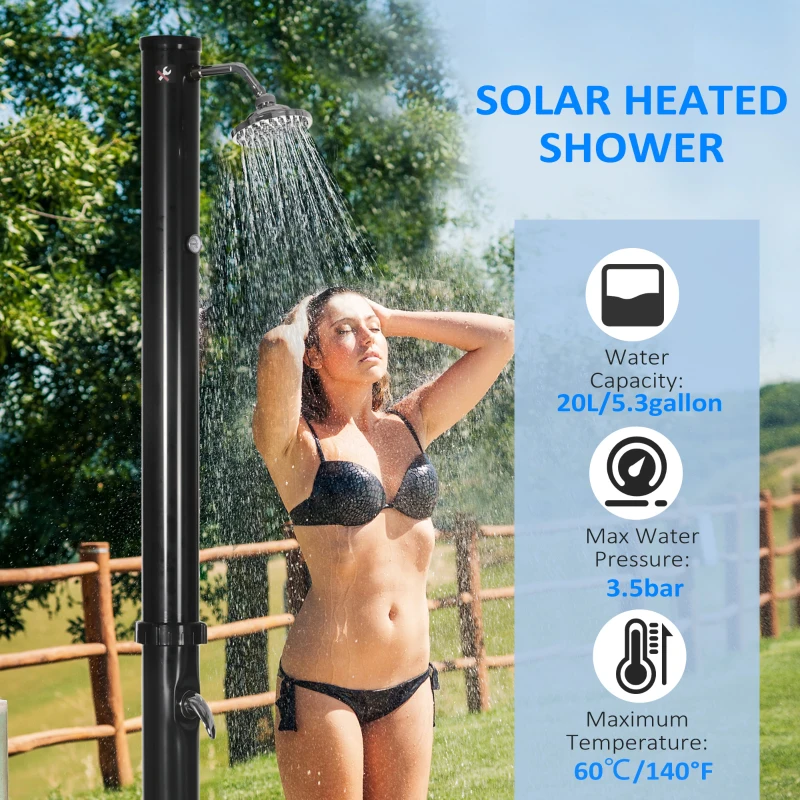 Outsunny 7.3FT 5.3 Gallon Solar Heated Shower, 2-Section Outdoor Shower with Shower Head, Foot Shower, Temperature Display for Backyard, Poolside, Spa, Beach, Black