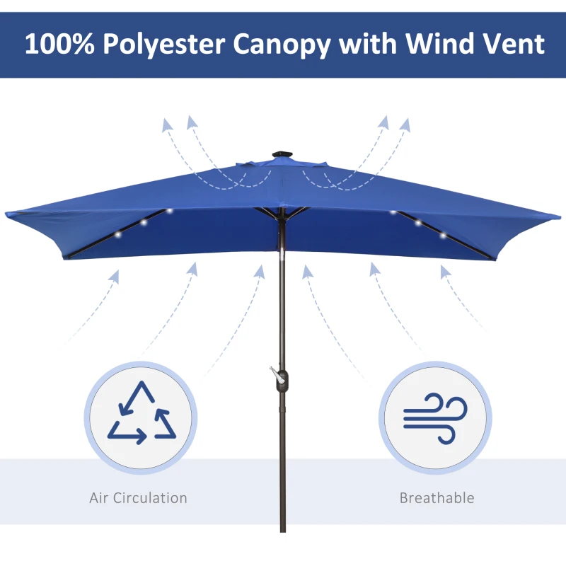 Outsunny 6.5x10ft Patio Umbrella Rectangle Solar Powered Tilt Aluminum Outdoor Market Parasol with LEDs Crank (Dark Blue)