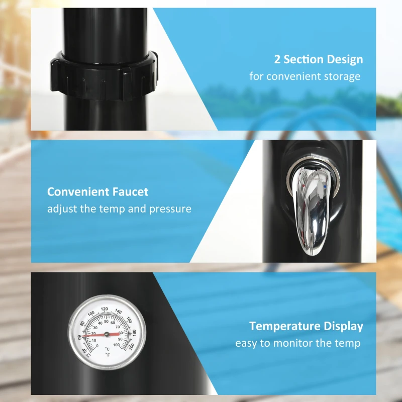 Outsunny 7.3FT 5.3 Gallon Solar Heated Shower, 2-Section Outdoor Shower with Shower Head, Foot Shower, Temperature Display for Backyard, Poolside, Spa, Beach, Black