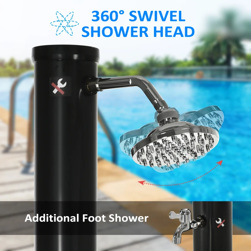 Outsunny 7.3FT 5.3 Gallon Solar Heated Shower, 2-Section Outdoor Shower with Shower Head, Foot Shower, Temperature Display for Backyard, Poolside, Spa, Beach, Black