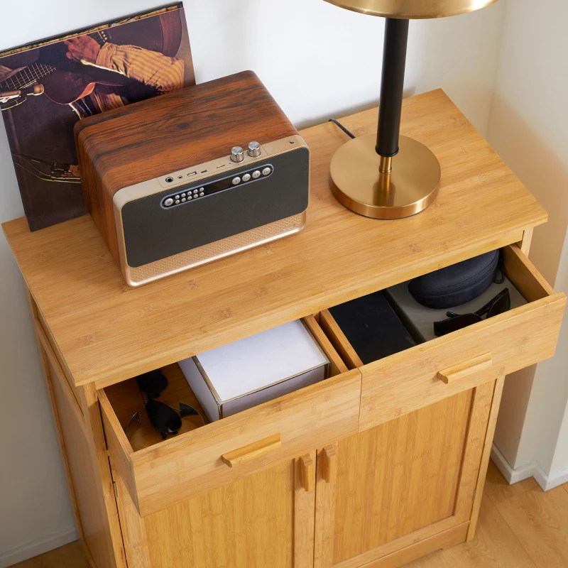 HOMCOM Bamboo Bathroom Cabinet, Storage Cabinet with Doors and Adjustable Shelves, 31.5" x 13.75" x 38.5", Natural