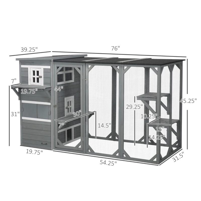 PawHut Catio Outdoor Cat Enclosure, Large Wood Kitten Cat House Enclosure with 3-Level Design, Weatherproof Roof, Big Hiding Areas, Multiple Platforms, Resting Box, 45"H, Gray