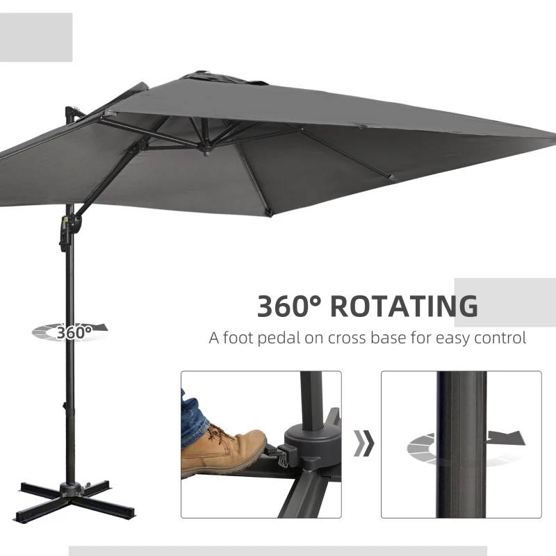 Outsunny 9ft Cantilever Patio Umbrella, Square Overhanging Umbrella with Cross Base, Crank Handle, Tilt, 360° Rotation and Aluminum Frame, Dark Grey