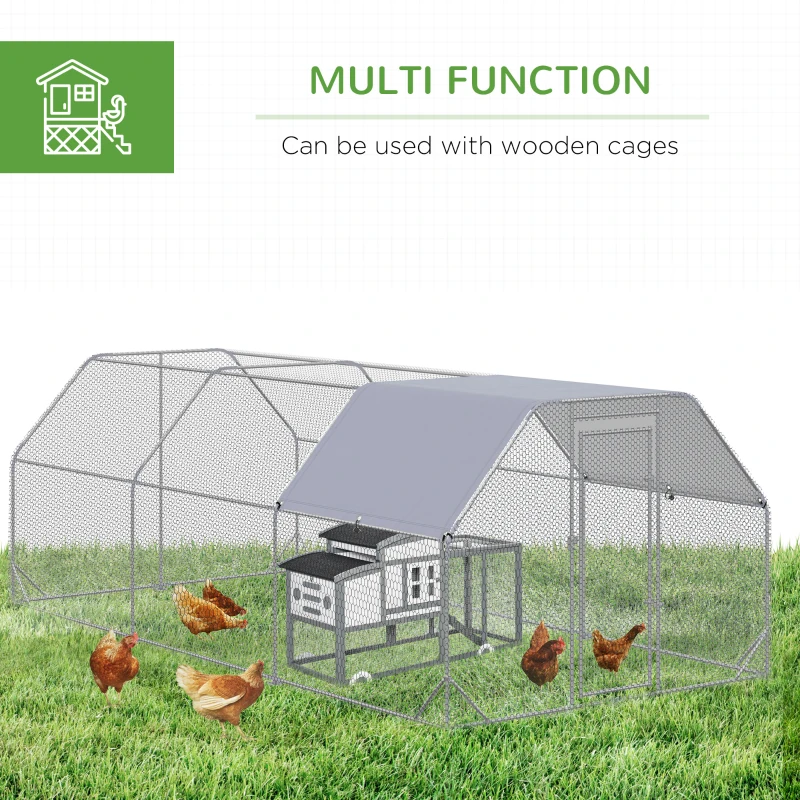 PawHut Chicken Run, Galvanized Large Metal Chicken Coop Cage, Walk-in Enclosure Poultry Hen Run House Playpen Rabbit Hutch with Flat Roof, Cover, 9.2' x 18.7' x 6.5', Silver
