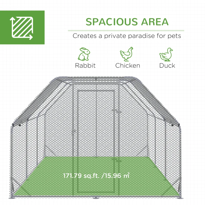 PawHut Chicken Run, Galvanized Large Metal Chicken Coop Cage, Walk-in Enclosure Poultry Hen Run House Playpen Rabbit Hutch with Flat Roof, Cover, 9.2' x 18.7' x 6.5', Silver