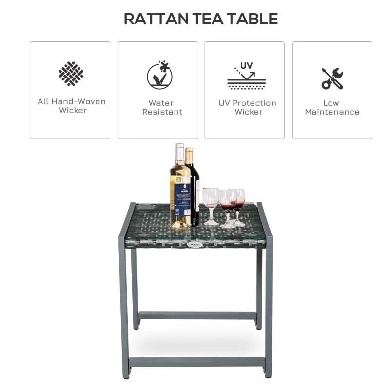 Outsunny Rattan Coffee Table, Wicker Patio Side Table with Tempered Glass Top and Aluminum Frame for Outdoor, Garden, Gray