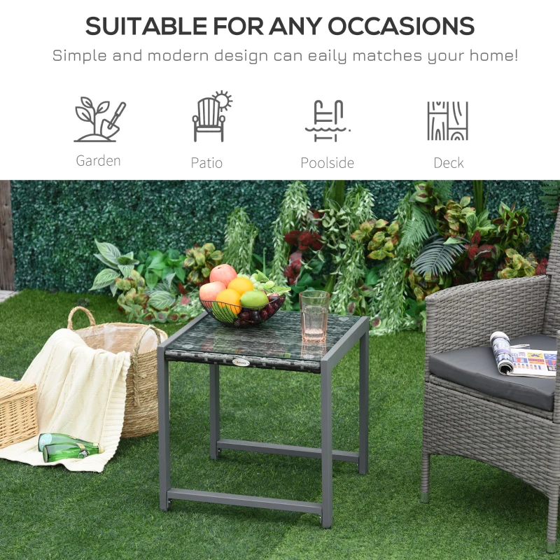 Outsunny Rattan Coffee Table, Wicker Patio Side Table with Tempered Glass Top and Aluminum Frame for Outdoor, Garden, Gray