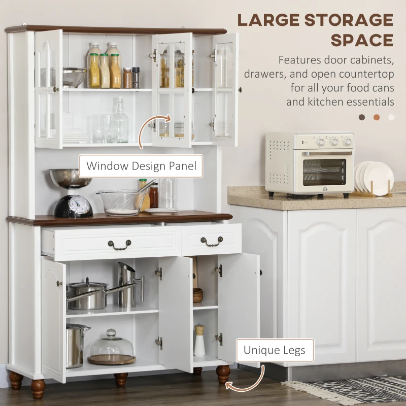 HOMCOM Kitchen Buffet with Hutch, Freestanding Pantry Cabinet with 6 Doors, 2 Drawers and 3-Level Adjustable Shelves, White