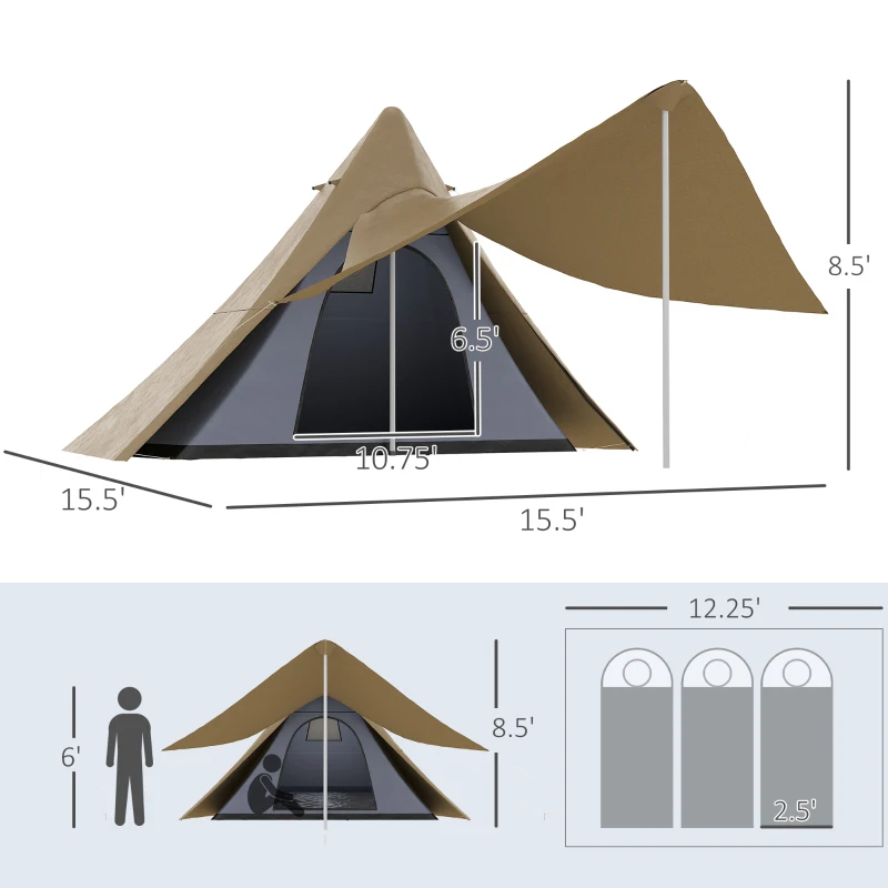 Outsunny 15.4'x15.4'x8.5' Teepee Tent, Waterproof Camping Tent with Porch Area, Floor and Carry Bag, for 2-3 Person Outdoor Backpacking Camping Hiking, Coffee