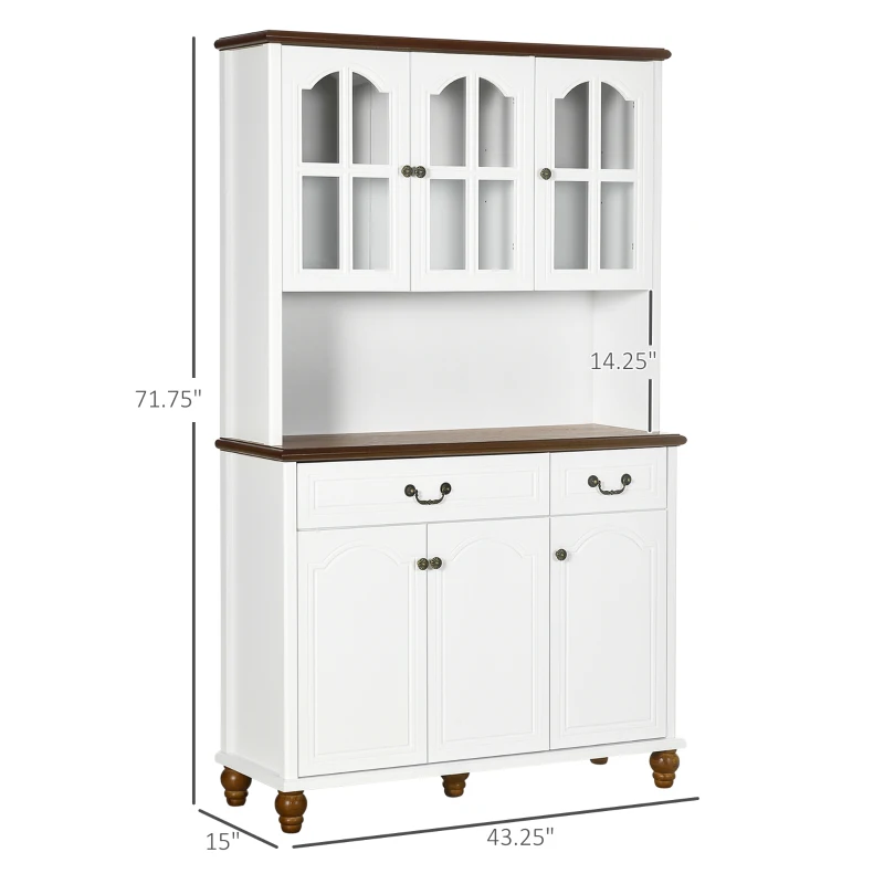 HOMCOM Kitchen Buffet with Hutch, Freestanding Pantry Cabinet with 6 Doors, 2 Drawers and 3-Level Adjustable Shelves, White