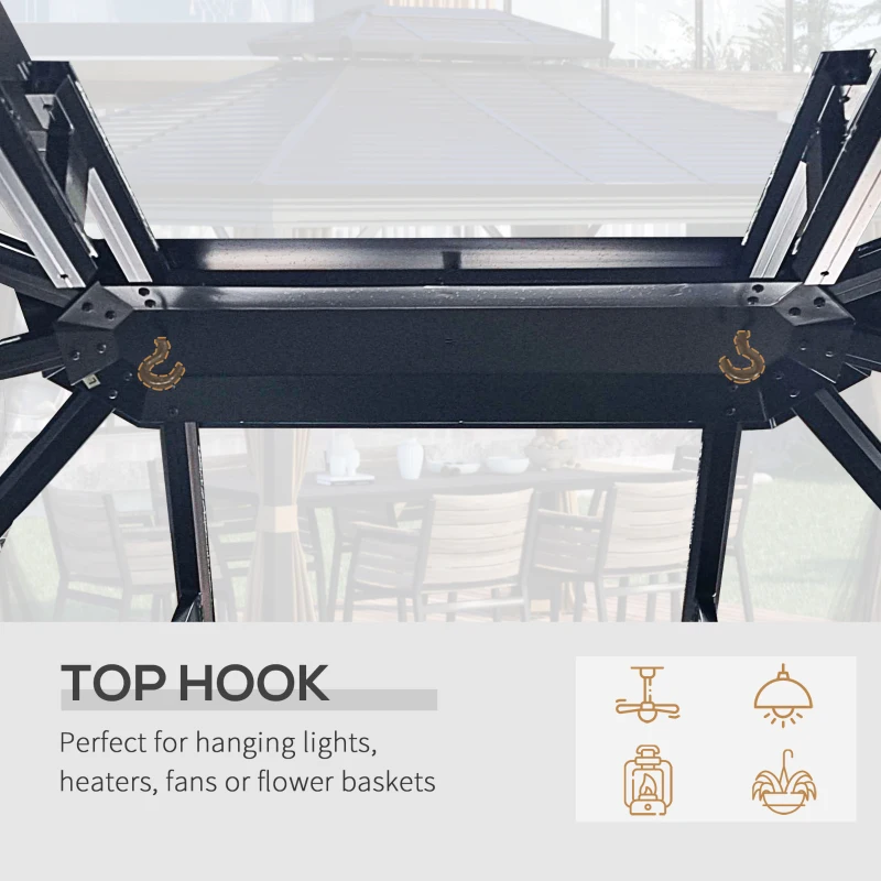 Outsunny 10' x 12' Hardtop Gazebo, Aluminum Frame Garden Sun Shelter with Double Tier Metal Roof, Mosquito Netting, Curtains, and Hanging Hook, Brown