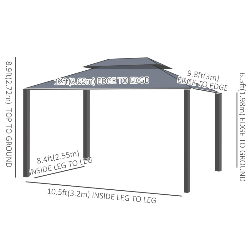 Outsunny 10' x 12' Hardtop Gazebo, Aluminum Frame Garden Sun Shelter with Double Tier Metal Roof, Mosquito Netting, Curtains, and Hanging Hook, Brown