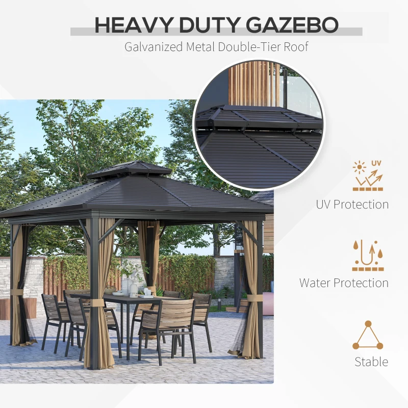 Outsunny 10' x 12' Hardtop Gazebo, Aluminum Frame Garden Sun Shelter with Double Tier Metal Roof, Mosquito Netting, Curtains, and Hanging Hook, Brown