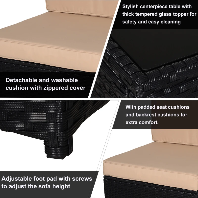 Outsunny 7pcs Wicker Rattan Sectional Set Outdoor Patio Sofa Table Footstools Set Garden Furniture with Cushions, Khaki