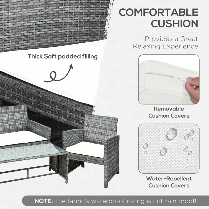 Outsunny 4 Piece Patio Furniture Set with Cushions, Outdoor PE Rattan Wicker Conversation Sofa Set with Glass Top Coffee Table and Loveseat, for Garden, Balcony, Cream White