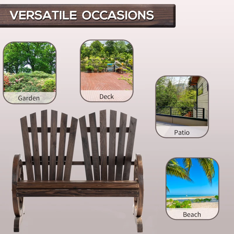 Outsunny Outdoor Garden Bench, 2- Seat Patio Wooden Bench with Wheel-Shaped Armrests for Yard, Carbonized color