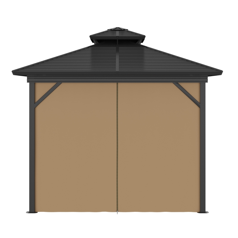 Outsunny 10' x 10' Hardtop Gazebo with Curtains and Netting, Permanent Pavilion Metal Double Roof Gazebo Canopy with Aluminum Frame and Hooks, for Garden, Patio, Backyard, Dark Brown