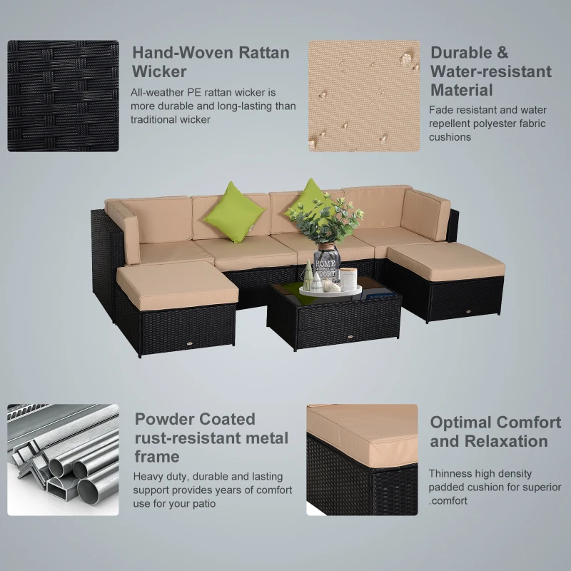 Outsunny 7pcs Wicker Rattan Sectional Set Outdoor Patio Sofa Table Footstools Set Garden Furniture with Cushions, Khaki