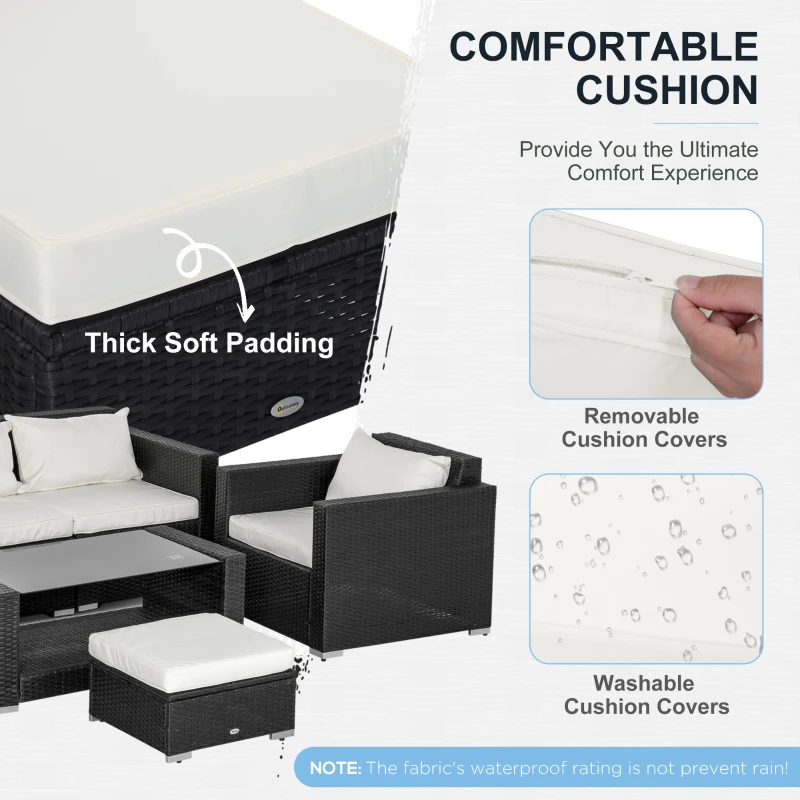 Outsunny 7 Pieces Patio Wicker Furniture Set, Outdoor PE Rattan Sectional Conversation Furniture Sofa with Glass Table and Cushion, Beige